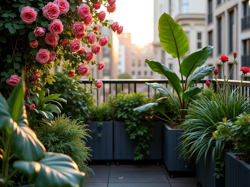 Urban Tropical Rose Garden Oasis - A stunning urban balcony garden setting at golden hour, featuring climbing pink roses intertwined with dramatic monstera leaves and bird of paradise plants in modern charcoal-colored containers. Multiple levels of plantings create depth, with trailing roses cascading from wall-mounted planters above, while large-leafed tropical foliage emerges from floor containers below. The contrast between delicate rose blooms and bold tropical leaves creates a dramatic jungle-like effect in an intimate space. Soft natural lighting highlights the textural interplay between glossy tropical leaves and velvet rose petals.