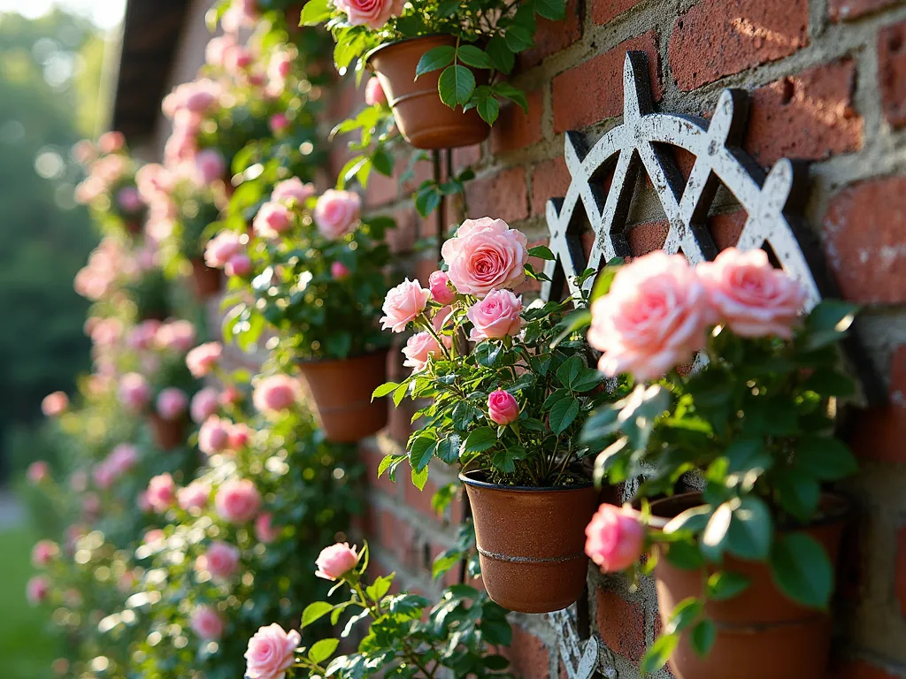 Enchanting Vertical Rose Wall Garden - A stunning vertical garden scene featuring a weathered white decorative trellis mounted on a classic brick wall, covered in blooming climbing roses in soft pink and blush tones. The New Dawn and Cecile Brunner roses cascade elegantly down the trellis, creating a romantic, cottage-garden atmosphere. Copper and terracotta hanging planters are artfully placed between the climbing roses, filled with trailing roses and complementary foliage. Dappled sunlight filters through the roses, creating a magical play of light and shadow on the wall. The composition is photographed from a slight angle to show the depth and layered effect of the living wall, with some roses in full bloom and others in various stages of flowering. The overall effect is of a lush, romantic vertical garden that maximizes limited space.