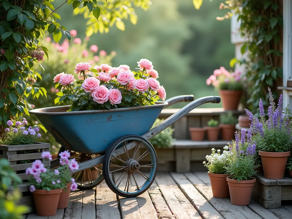 Vintage Container Rose Garden Display - A charming garden vignette with a weathered blue wooden wheelbarrow as the centerpiece, overflowing with blooming pink David Austin roses. Surrounding it are rustic wooden crates and antique copper watering cans arranged at varying heights, filled with climbing roses and cottage garden flowers. Soft morning light filters through, creating a dreamy, romantic atmosphere. The scene includes delicate purple clematis, white foxgloves, and lavender sprigs complementing the roses. Vintage terracotta pots complete the cottage garden aesthetic, all arranged on a weathered wooden deck or stone patio. Photorealistic, soft focus background, inspirational garden photography style.