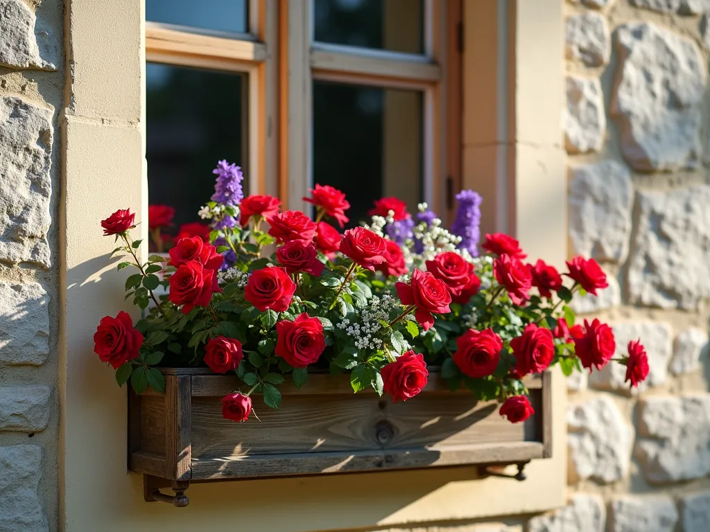 Charming Window Box Rose Garden - A charming European-style window with a weathered wooden window box overflowing with blooming miniature Red Cascade roses cascading downward, mixed with purple lobelia and white alyssum. The roses are in full bloom with deep red petals, creating a romantic waterfall effect against a cream-colored stone wall. Soft morning light illuminates the scene, casting gentle shadows, while some roses reach up towards the window panes, which reflect the sky. The composition is intimate and inviting, photographed at eye level with a shallow depth of field.