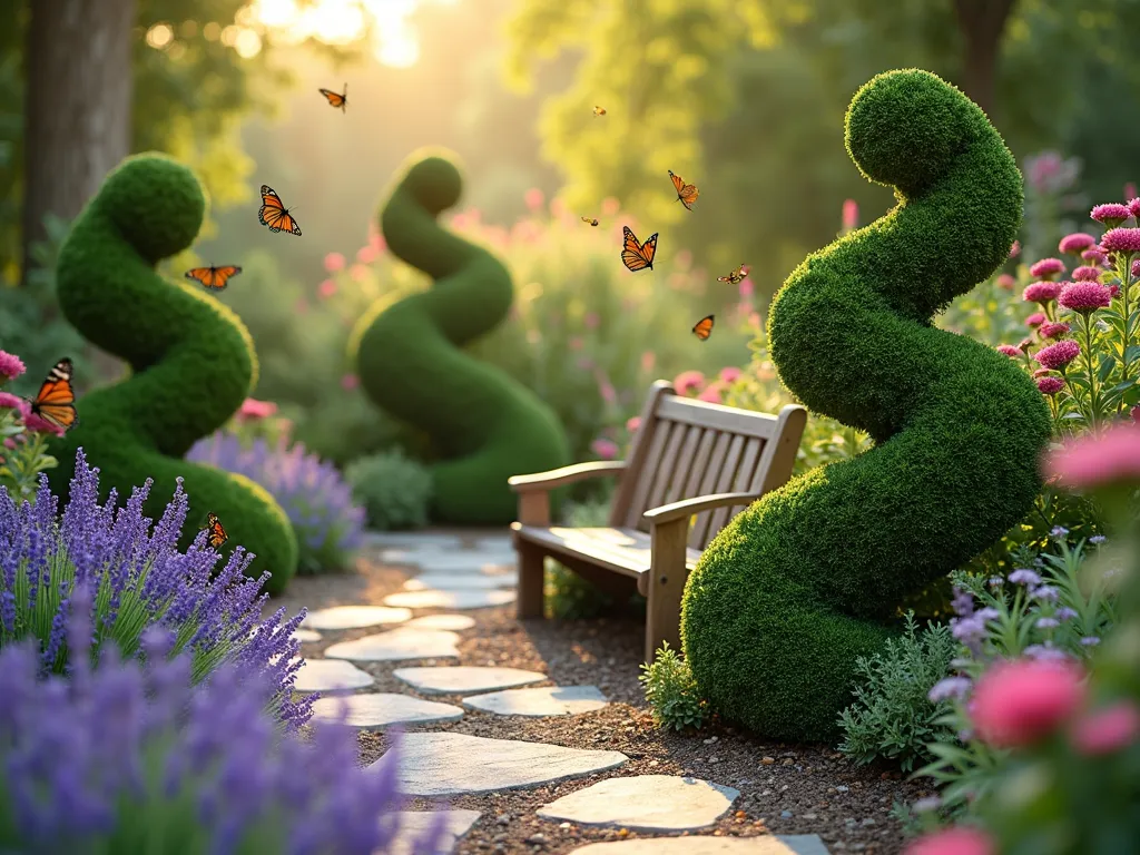 Butterfly Garden with Topiary Sanctuary - A tranquil early morning garden scene captured with soft, golden sunlight filtering through spiral topiary forms. A small, intimate garden space features meticulously trimmed boxwood topiaries in butterfly shapes, surrounded by lavender, echinacea, and butterfly bush in full bloom. Purple and pink flowers create a colorful tapestry, with several monarch butterflies and honeybees hovering around the blossoms. The wide-angle composition shows a curved stone pathway leading through the garden, while morning dew glistens on the perfectly manicured topiary surfaces. A rustic wooden bench nestled among the plantings provides a quiet observation point. Shot with natural backlighting highlighting the delicate wing patterns of butterflies in flight.