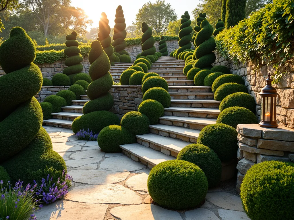 Terraced Topiary Garden Levels - A stunning DSLR wide-angle photograph of a multi-level garden terrace at golden hour, featuring meticulously sculpted boxwood and yew topiaries cascading down three stone levels. Spiral-shaped topiaries gradually decrease in size from top to bottom, creating a mesmerizing visual flow. Natural stone steps connect each level, with smaller ball-shaped topiaries lining the edges. Soft evening light casts long shadows across the weathered stone surfaces, while climbing ivy adds texture to the rustic stone retaining walls. A copper garden lantern provides ambient lighting, and lavender plants soften the edges with their purple blooms. The composition captures the depth and dimensionality of the space, with the foreground showing intricate topiary detail while the background reveals the full terraced design. Shot at f/8 for optimal depth of field, capturing the rich textures and subtle lighting variations.