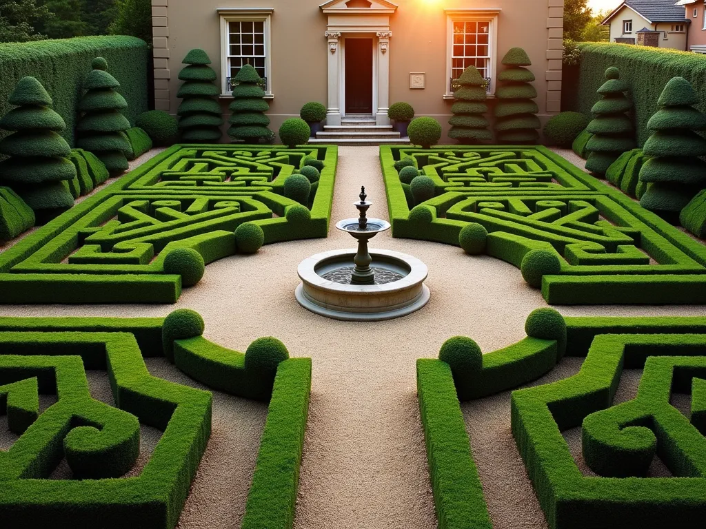 Classical Small Parterre Garden with Boxwood Topiaries - A pristine formal parterre garden photographed during golden hour, featuring symmetrical patterns of meticulously trimmed dwarf boxwood topiaries arranged in an intricate geometric design. The small-scale garden showcases a central circular pattern surrounded by mirror-image quadrants, connected by neat gravel pathways. Low boxwood hedges form precise knot patterns, while taller spiral topiaries mark key focal points. Ornate stone edging defines the borders, with a small classical fountain as centerpiece. Soft evening light casts gentle shadows across the formal layout, highlighting the three-dimensional quality of the topiary shapes. Shot from a slightly elevated angle to capture the complete geometric pattern, with architectural elements of a traditional home visible in the background. DSLR, f/8, ISO 100, 1/125, natural lighting.