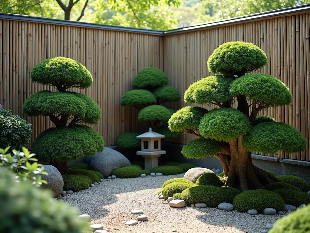 Serene Cloud-Pruned Japanese Garden Nook - A tranquil dawn scene of an intimate garden corner featuring three masterfully shaped cloud-pruned Japanese boxwood shrubs of varying heights, their organic layers flowing like misty clouds against a weathered bamboo fence. A rustic stone lantern nestles among the topiary, while a small gravel path winds between the sculptural plants. Scattered moss patches and small ornamental stones complete the zen atmosphere. The morning light casts gentle shadows, highlighting the artistic pruning technique of the Niwaki style. Shot from a low angle to emphasize the floating cloud-like shapes, with soft natural lighting creating depth in the peaceful composition. Photorealistic, 8k quality, architectural photography style.