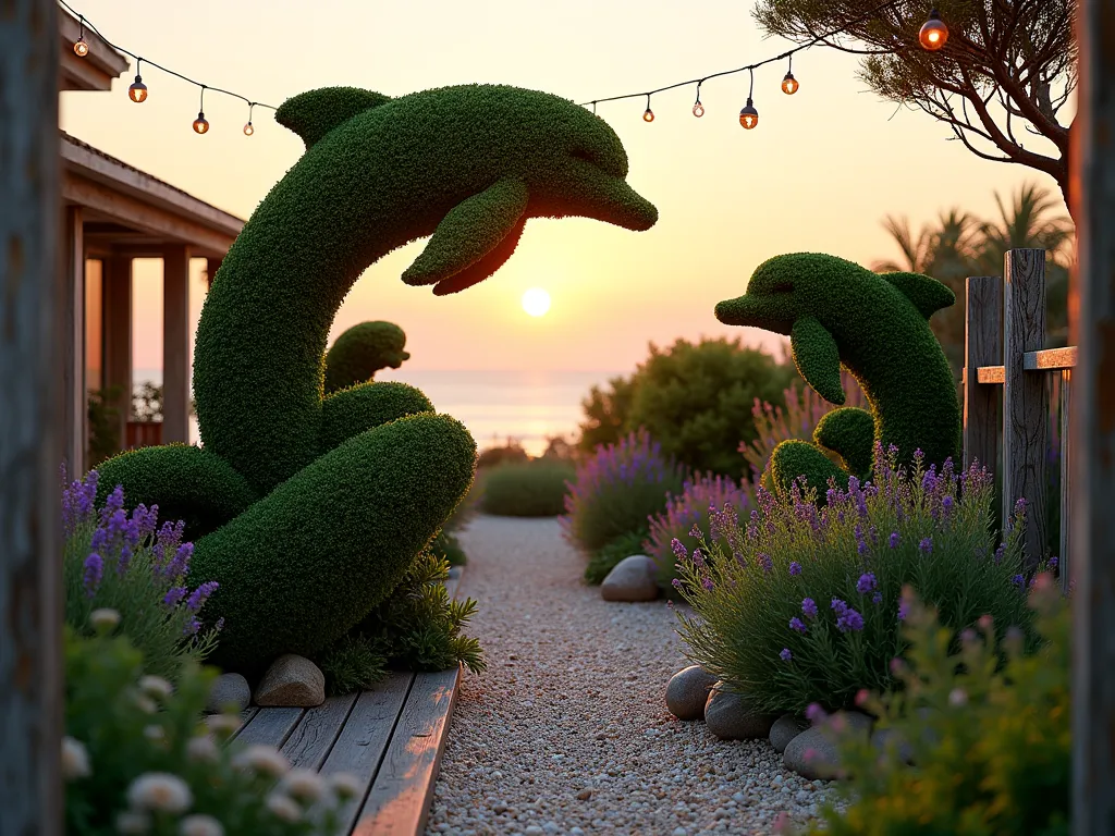 Coastal Dolphin Topiary at Sunset - A stunning twilight scene of a meticulously sculpted 4-foot-tall dolphin topiary, crafted from privet hedge, leaping gracefully from stylized wave-shaped boxwood topiaries in a small coastal garden. The topiary is positioned on a weathered wooden deck overlooking the garden, surrounded by ornamental grasses and lavender that sway in the ocean breeze. Warm sunset light casts golden hues across the scene, while string lights draped between wooden posts create a magical atmosphere. A decorative crushed shell pathway winds through the garden, complemented by weathered driftwood accents and small potted coastal succulents. Shot at golden hour with a dreamy bokeh effect, capturing the whimsical maritime atmosphere with careful attention to the intricate details of the topiary craftsmanship. f/2.8, 24mm, professional digital photography.