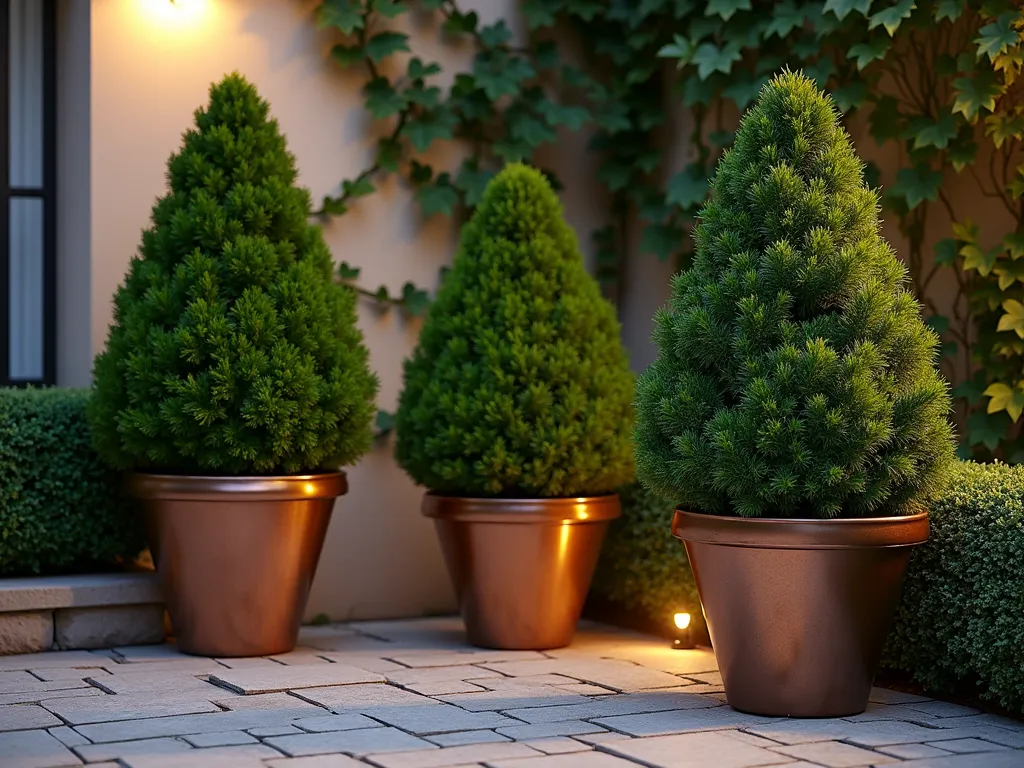 Elegant Pyramid Topiary Collection at Dusk - A sophisticated arrangement of three cone-shaped boxwood topiaries of varying heights (3ft, 4ft, and 5ft) in classical bronze-toned ceramic containers, positioned in the corner of a small stone patio. Shot at dusk with warm garden lighting casting gentle shadows, creating a magical ambiance. The topiaries are meticulously trimmed into perfect pyramidal shapes, their deep green foliage contrasting beautifully with the weathered stone pavers. A subtle Mediterranean-style wall serves as a backdrop, with climbing ivy adding depth. Captured with a wide-angle perspective at f/2.8, creating a dreamy bokeh effect that highlights the formal elegance of the arrangement. The composition includes small LED uplights at the base of each container, emphasizing the architectural shapes of the topiaries.