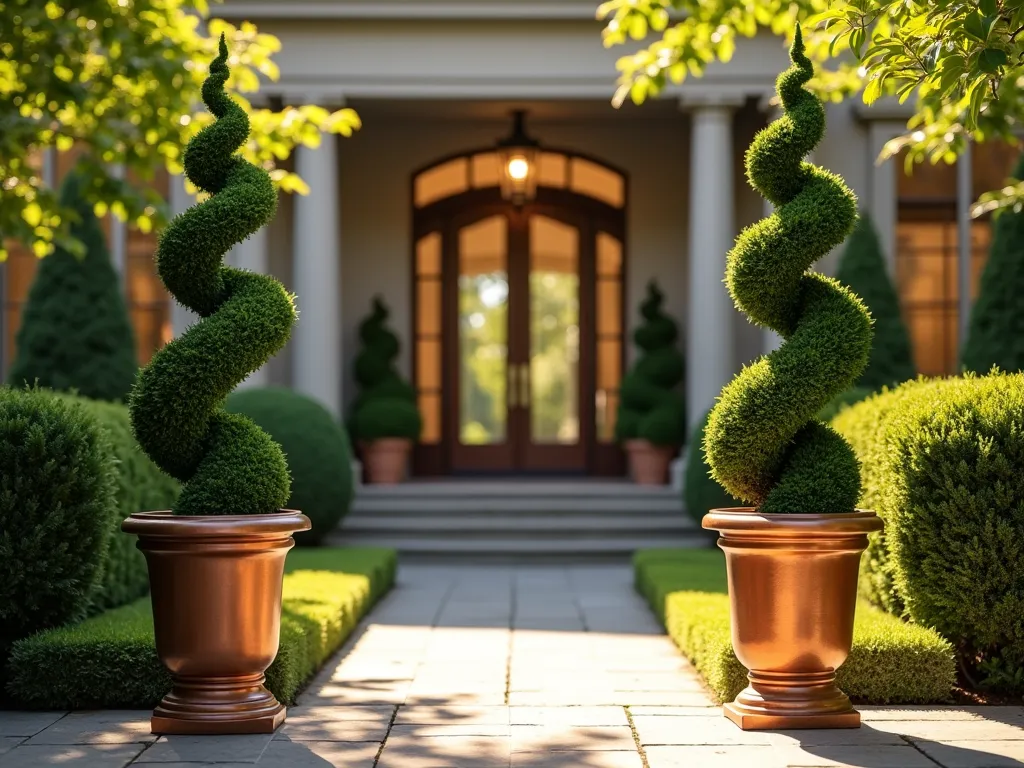 Elegant Spiral Boxwood Entrance - A stunning photograph of a classic front entrance at golden hour, featuring a symmetrical pair of perfectly manicured spiral boxwood topiaries in tall, copper-patina planters. The spiral topiaries stand 6 feet tall, their precise geometric coils catching the warm evening light. The containers are positioned on either side of a stone pathway leading to an elegant doorway. Shot with a wide-angle lens to capture the full height and architectural impact, with a shallow depth of field that softly blurs the background while maintaining crisp detail on the sculptural forms. The scene is enhanced by dappled sunlight filtering through the spirals, creating interesting shadow patterns on the ground. Professional DSLR photo with natural lighting, f/8 aperture, ISO 100, 1/125 shutter speed.