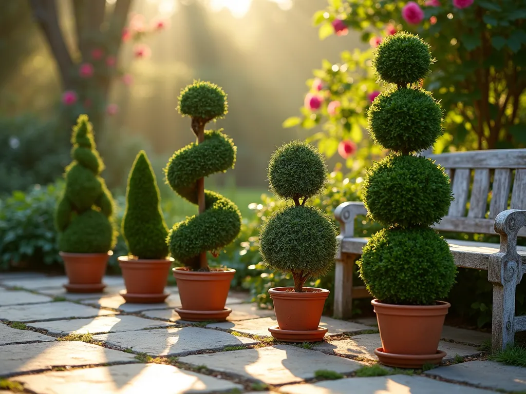 Elegant Topiary Collection at Dawn - A serene morning garden scene featuring an artful collection of miniature topiary trees on a classic stone patio. Five carefully sculpted topiaries of varying heights (2-4 feet) are arranged in copper and terracotta pots, including spiral juniper, ball-form boxwood, cone-shaped yew, and tiered privet. Golden dawn light filters through, casting long shadows across weathered stone pavers, while morning dew glistens on the precisely manicured foliage. A weathered stone bench provides depth, with climbing roses on a distant trellis creating a soft, blurred backdrop. Shot from a low angle with a shallow depth of field, emphasizing the intricate details and varying textures of the topiary collection. Photographed with ethereal morning mist adding atmosphere.