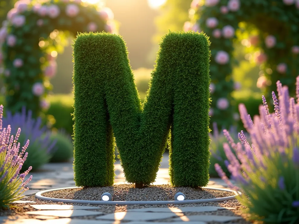 Elegant Topiary Letter Garden Feature - A stunning close-up photograph of an elegant 4-foot-tall boxwood topiary shaped into a classic monogram 'M', perfectly manicured against a soft-focus garden background. The topiary letter stands prominently on a circular gravel bed bordered by lavender, capturing golden hour sunlight that casts gentle shadows across its sculptural form. Small white garden lights illuminate its base, while climbing roses on a distant trellis create a dreamy bokeh effect. Shot with shallow depth of field highlighting the intricate trimming details of the topiary, with morning dew drops glistening on the leaves. A stone pathway leads to the feature, suggesting its placement near a garden entrance.