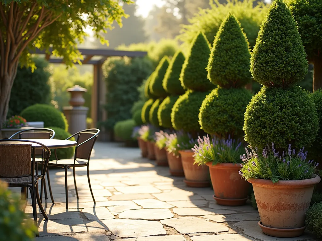 Elegant Topiary Room Divider in Garden - A late afternoon garden scene showcasing a row of perfectly manicured, 6-foot tall cylindrical boxwood topiaries creating an elegant natural divider between a cozy outdoor seating area and a peaceful meditation garden. Golden sunlight filters through the topiaries, casting long shadows across a natural stone patio. The topiaries are evenly spaced in weathered terra cotta planters, with delicate lavender plants softening their base. Shot from a medium-wide angle perspective at eye level, emphasizing the natural division of space while maintaining visual flow. Professional photo with shallow depth of field highlighting the sculptural qualities of the topiaries. 16-35mm lens, f/2.8, ISO 400.