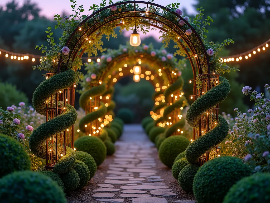 Enchanted Topiary Garden Archway at Twilight - A magical garden archway photographed at twilight, featuring meticulously trimmed small spiral topiaries in matching pairs framing both sides of a weathered iron arch. Delicate climbing roses and ivy intertwine with the metalwork, while carefully shaped boxwood balls line the pathway leading through. Soft garden lighting illuminates the topiaries from below, casting enchanting shadows. Captured with a wide-angle perspective showing the full archway and surrounding cottage garden, with dreamy bokeh effect from string lights hung overhead. The scene includes a natural stone pathway and glimpses of a secret garden beyond the arch, with a soft purple and golden twilight sky visible through the foliage.