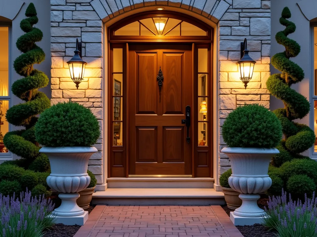 Elegant Topiary Entrance Pairing - A dusk photo of an elegant home entrance featuring a symmetrical pair of meticulously trimmed spiral boxwood topiaries in classic stone urns, framing a wooden door with iron hardware. The topiaries stand 4 feet tall, creating a formal yet welcoming atmosphere. Soft landscape lighting illuminates the topiaries from below, casting gentle shadows on the stone facade. A brick pathway leads to the entrance, with small lavender plants lining the edges. The composition is shot at a slight angle to capture depth and architectural details, with warm evening light adding a golden glow to the scene.