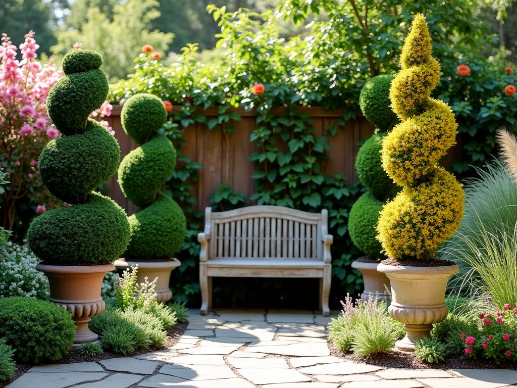 Four Seasons Topiary Garden Display - A stunning garden vignette featuring four elegant topiaries arranged in a symmetrical semi-circle on a natural stone patio. Each topiary represents a different season: a flowering spiral boxwood for spring with pink cherry blossoms, a perfectly manicured ball-on-stem yew for summer with vibrant green foliage, a cone-shaped holly with red berries for winter, and a golden cypress with autumn colors. Soft morning light filters through, casting gentle shadows, while a weathered stone bench provides a focal point. Small flowering perennials and groundcover create seasonal interest at the base. The intimate scene is bordered by ornamental grasses and climbing roses on a rustic trellis backdrop, creating depth and year-round visual interest in this compact garden space. Photographed in a wide angle to showcase the complete seasonal arrangement.