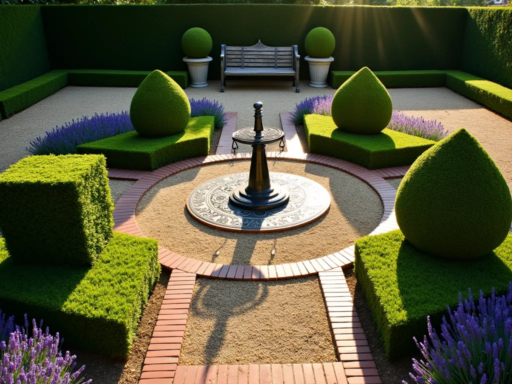 Geometric Sundial Topiary Garden - A stunning wide-angle DSLR photograph of an elegant small garden centered around an ornate bronze sundial, captured during golden hour. Four perfectly manicured boxwood topiaries in cubic and pyramidal shapes frame the sundial symmetrically, creating a formal geometric pattern. The topiaries cast long shadows across a circular gravel path inlaid with classic brick borders. Lavender plants soften the edges with their purple blooms, while meticulously trimmed low boxwood hedges form a square perimeter. The scene is photographed at f/8 with natural lighting highlighting the precise angles and clean lines of the geometric design. A weathered stone bench in the background adds depth and perspective to this intimate garden space.