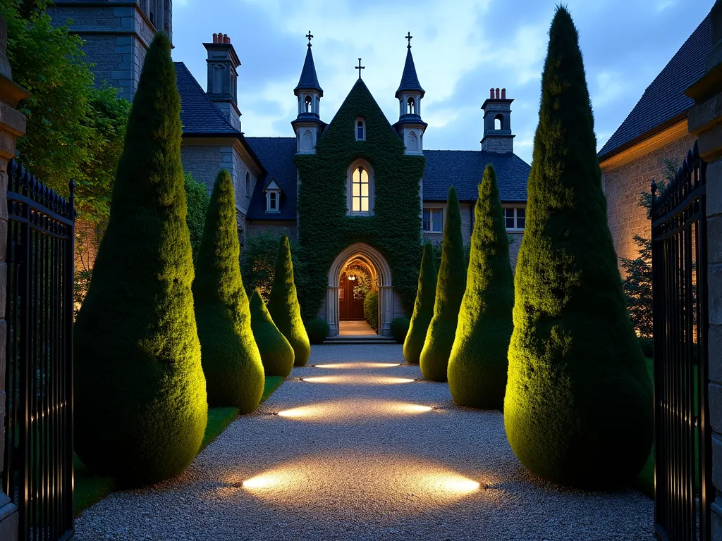 Gothic Topiary Garden at Dusk - A dramatic small formal garden at dusk featuring tall, precisely-trimmed Gothic-inspired topiary yews shaped like cathedral spires and pointed arches. The topiaries, reaching 8-10 feet high, cast long shadows across a symmetrical garden path lined with crushed granite. Iron Gothic-style garden gates frame the scene, while climbing ivy adorns the background stone wall. Soft uplighting illuminates the architectural shapes of the topiaries, creating a mysterious and enchanting atmosphere. Shot with a wide-angle lens to capture the vertical drama and spatial relationship, with a shallow depth of field highlighting the intricate details of the closest topiary spire. The moody twilight sky adds to the Gothic revival aesthetic.