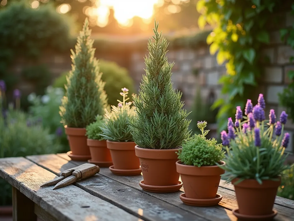 Elegant Herb Topiary Kitchen Garden at Sunset - A dreamy close-up shot of a charming kitchen herb garden featuring meticulously shaped rosemary and lavender topiaries at golden hour. The topiaries are sculpted into perfect small cones and spheres, ranging from 1-2 feet tall, arranged in weathered terracotta pots on a rustic wooden patio table. Soft, warm sunset light filters through the herbs, creating a magical glow that highlights the silver-green foliage and purple lavender blooms. Copper garden markers and vintage pruning shears add character, while a stone wall covered in climbing ivy provides a romantic backdrop. Shot with shallow depth of field to create a dreamy, enchanted garden atmosphere, with subtle lens flare adding warmth to the scene. 16mm wide angle lens captures the intimate garden setting while showing the context of the small patio space.