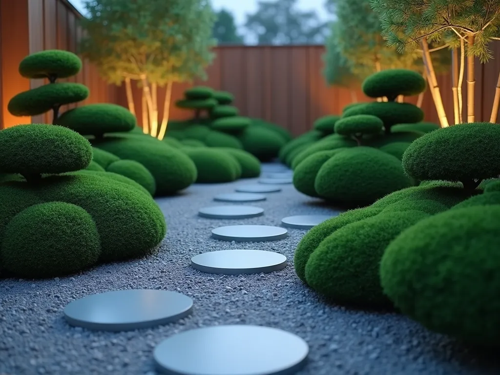 Japanese Cloud-Pruned Border at Dusk - A serene Japanese-inspired garden border featuring meticulously cloud-pruned boxwood and juniper shrubs at dusk. The perfectly rounded, floating shapes of the topiaries create an undulating wave pattern along a modern stone path. Soft ambient lighting illuminates the sculptural forms from below, casting gentle shadows on a minimalist gravel ground cover. Shot from a low angle with shallow depth of field to emphasize the ethereal floating effect. Mist gently hovers around the base of the shrubs, enhancing the dreamy atmosphere. The background features a sleek wooden fence with bamboo accents.