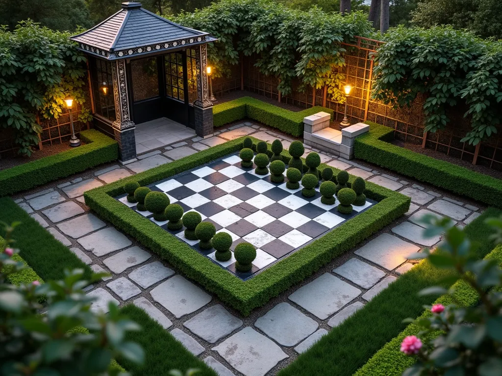 Elegant Living Chess Garden at Dusk - A stunning overhead view of a small garden chess board at dusk, featuring meticulously trimmed boxwood topiaries as chess pieces on alternating light and dark stone pavers. The chess board is surrounded by soft ambient lighting and manicured lawn borders. Ornate stone benches flank the sides, while climbing roses on copper trellises frame the scene. The chess pieces cast long shadows in the golden hour light, with subtle landscape lighting beginning to illuminate the space. Shot with a digital camera at f/2.8, creating a dreamy depth of field that emphasizes the geometric patterns. A wrought iron gazebo is partially visible in the background, draped with wisteria, adding architectural interest. The entire scene captures the whimsical yet sophisticated nature of a living chess garden.