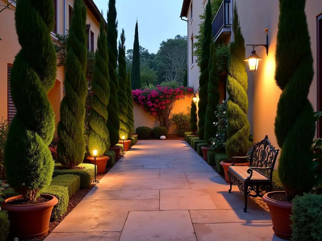 Elegant Mediterranean Cypress Topiary Garden - A serene twilight garden scene featuring tall, perfectly manicured Italian Cypress topiaries trimmed into elegant cone shapes, arranged along a narrow Mediterranean-style courtyard. The slender topiaries, reaching 8-10 feet tall, cast long shadows on a weathered terracotta-tiled path. Warm landscape lighting illuminates the base of each topiary, highlighting their precise conical forms. Terracotta pots with smaller cypress topiaries flank an ornate wrought-iron garden bench, while climbing bougainvillea adorns a stucco wall in the background. The scene is captured in a wide-angle perspective, showcasing the vertical drama and formal symmetry of the space.