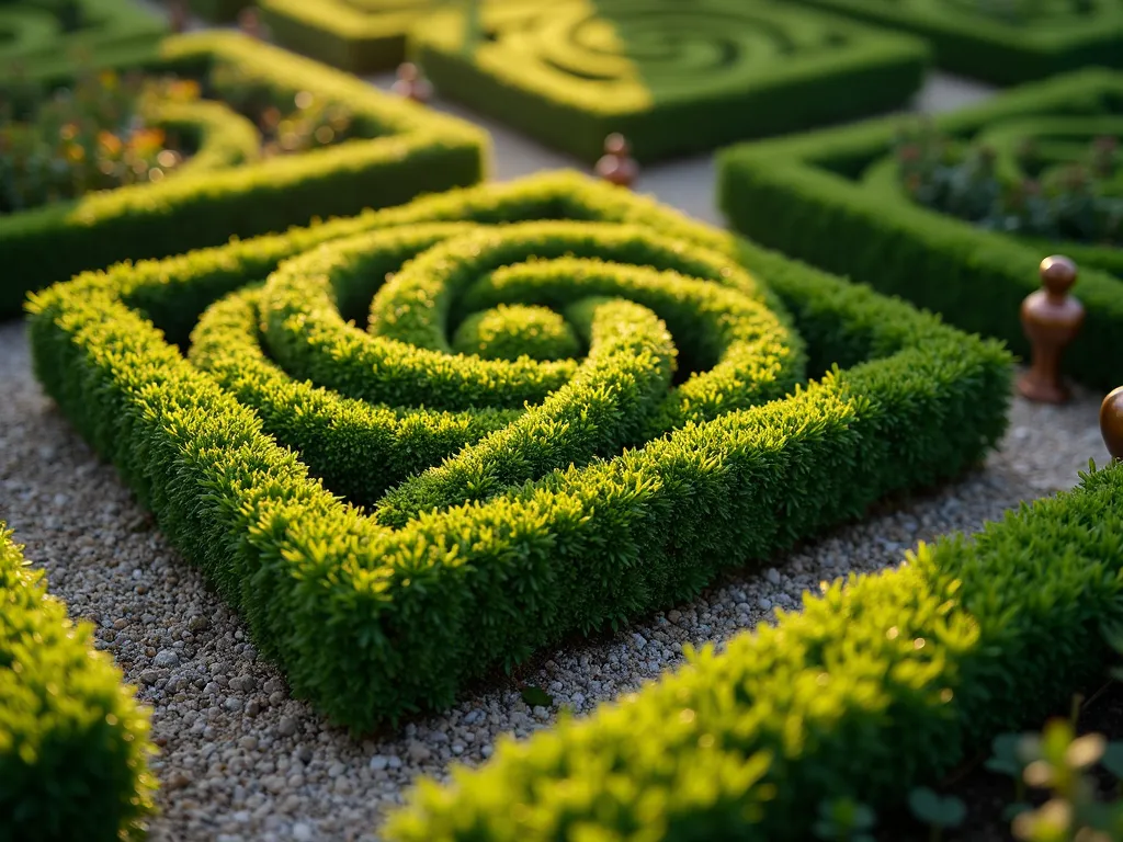 Elegant Miniature Knot Garden at Dawn - A captivating close-up shot of a meticulously designed miniature knot garden at dawn, captured with soft morning light casting gentle shadows. The intricate pattern features perfectly manicured dwarf boxwood hedges forming an elaborate Celtic knot design in a 6x6 foot space. The geometric pattern interweaves in symmetrical loops against a backdrop of light gravel paths. Small copper garden markers accent the corners, while morning dew glistens on the precisely trimmed foliage. Shot with a low perspective using a 16-35mm lens at f/2.8, creating a dreamy depth of field that emphasizes the mathematical precision of the design while maintaining the intimate scale of this formal garden feature.