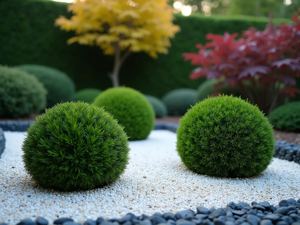 Minimalist Zen Topiary Sphere Garden - A serene small garden space at dusk featuring three perfectly manicured spherical topiaries of varying sizes (24-inch, 18-inch, and 12-inch) arranged asymmetrically on a bed of white Japanese gravel. The topiaries, crafted from Buxus sempervirens (boxwood), cast gentle shadows on the raked gravel pattern. Surrounded by clean-lined black granite edging, with a single Japanese maple providing a subtle backdrop. Shot from a 45-degree angle to capture depth, with warm evening light creating a peaceful ambiance. Soft focus on distant elements, with razor-sharp detail on the nearest topiary sphere. Photographed using a DSLR camera with wide-angle lens, f/8 aperture, ISO 100, 1/125 shutter speed, natural lighting.