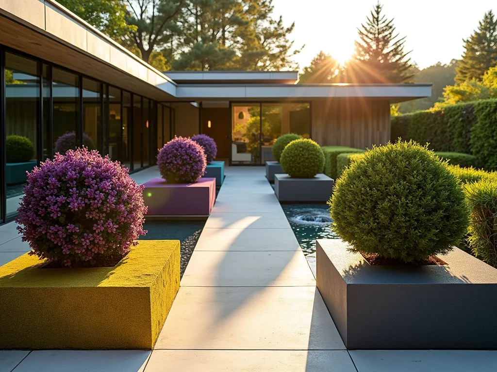 Modern Color Block Topiary Garden - Professional architectural photograph of a modern garden featuring geometric topiary blocks in contrasting colors, shot during golden hour. A series of cubic and spherical topiaries arranged in a contemporary pattern, showcasing purple Japanese barberry, golden privet, and dark green boxwood shaped into precise forms. The topiaries cast long shadows across a light limestone patio, with a modern minimalist water feature in the background. Shot with a wide-angle lens at f/2.8, creating a shallow depth of field that emphasizes the sculptural qualities of the color-blocked topiaries. Natural sunlight highlights the varied textures and creates a dramatic interplay between the different colored foliage. Architectural steel planters provide a sleek foundation for the topiaries, while a modern glass-walled house is partially visible in the soft-focused background.