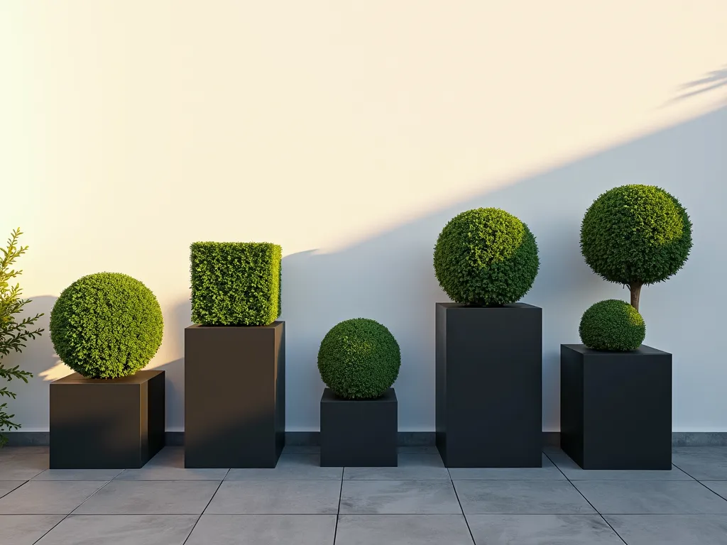 Modern Geometric Topiary Container Garden - A stunning rooftop garden terrace at golden hour featuring a minimalist arrangement of boxwood topiaries in geometric shapes. Three perfectly-trimmed cube topiaries and two sphere topiaries of varying sizes are displayed in sleek, matte black square containers. The topiaries are precisely arranged in an asymmetrical pattern against a clean white wall, casting dramatic shadows. The modern containers are positioned on a contemporary grey slate patio floor. Soft evening sunlight filters across the scene, highlighting the crisp edges of the topiary shapes. Shot with a wide-angle lens at f/8 to capture the entire composition while maintaining sharp detail in the sculptural forms. Professional architectural photography style with perfect exposure and composition.