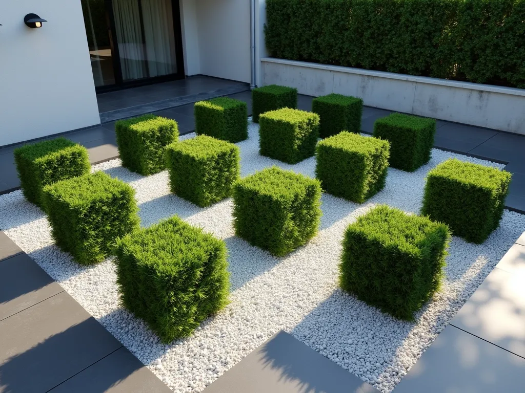 Contemporary Grid Topiary Garden - A sleek modern garden terrace featuring perfectly manicured cubic boxwood topiaries arranged in a precise 3x3 grid pattern against light gray gravel. The uniformly shaped topiaries cast dramatic shadows in late afternoon sunlight, with each box-shaped shrub measuring approximately 2 feet tall. Clean lines of dark charcoal pavers frame the geometric garden design. In the background, a minimalist concrete wall provides contrast, while strategic uplighting highlights the sculptural qualities of the topiaries. The composition is captured from a 45-degree elevated angle to emphasize the striking grid pattern and mathematical precision of the layout. Photorealistic, architectural photography style, 8K resolution.