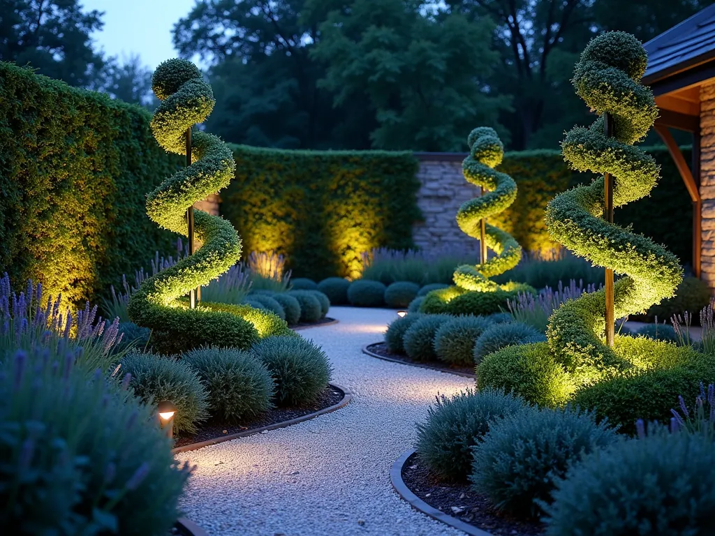 Ethereal Moonlit Topiary Garden - A enchanting nighttime garden scene captured with a wide-angle lens at dusk, featuring elegant silver-leafed topiaries arranged in geometric patterns. The focal point shows three perfectly manicured spiral-shaped Artemisia 'Powis Castle' topiaries, surrounded by rounded Santolina and Lavender topiaries. Soft moonlight illuminates the silver foliage, creating an ethereal glow across the intimate garden space. Low-voltage landscape lighting casts gentle shadows, while Dichondra 'Silver Falls' cascades between the topiaries. The composition includes a small curved pathway made of light-colored gravel, reflecting the moonlight. The background features a weathered stone wall covered in silver-variegated ivy, adding depth to this magical garden vignette. Shot at f/2.8 with subtle depth of field, emphasizing the luminous quality of the silver foliage.