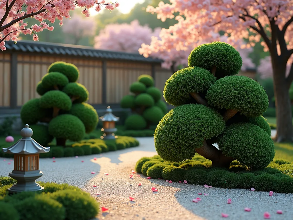 Japanese-Inspired Fan Topiary Display - A serene evening garden scene featuring three meticulously trimmed Japanese holly topiaries shaped like elegant oriental fans, arranged in ascending heights. The topiaries cast gentle shadows on a light gravel path, bordered by low moss groundcover and small stone lanterns. Soft warm lighting illuminates the sculptural forms from below, highlighting their precise curves and architectural details. A traditional wooden fence provides a neutral backdrop, while scattered cherry blossom petals add romantic touches to the scene. Close-up perspective emphasizing the intricate fan patterns and precise pruning details.