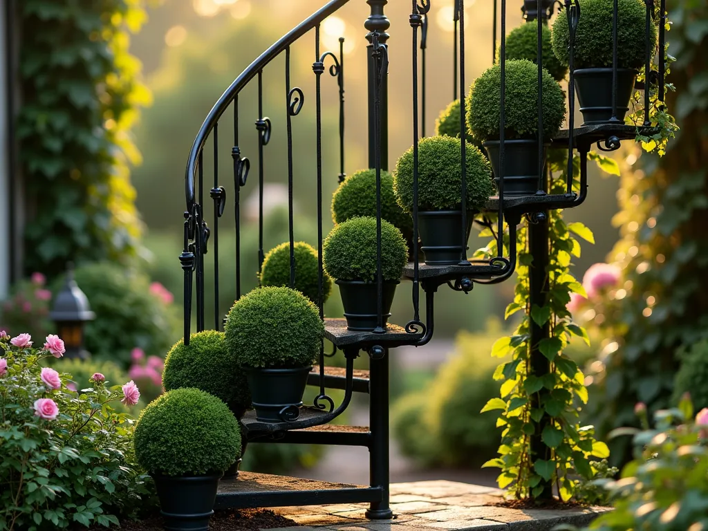 Elegant Spiral Topiary Display - A vintage wrought-iron spiral staircase in a small garden corner, bathed in late afternoon golden light. Multiple perfectly manicured boxwood topiaries in graduating sizes cascade down the steps, creating a mesmerizing vertical display. The largest topiary sits at the base, approximately 3 feet tall, while smaller globe and cone-shaped topiaries decrease in size as they ascend. Delicate English ivy trails along the black metalwork, adding organic movement. The scene is photographed from a slight low angle, emphasizing the dramatic vertical composition against a soft-focused garden background with climbing roses. Shot with a 16-35mm lens at f/2.8, ISO 400, creating beautiful bokeh and depth.