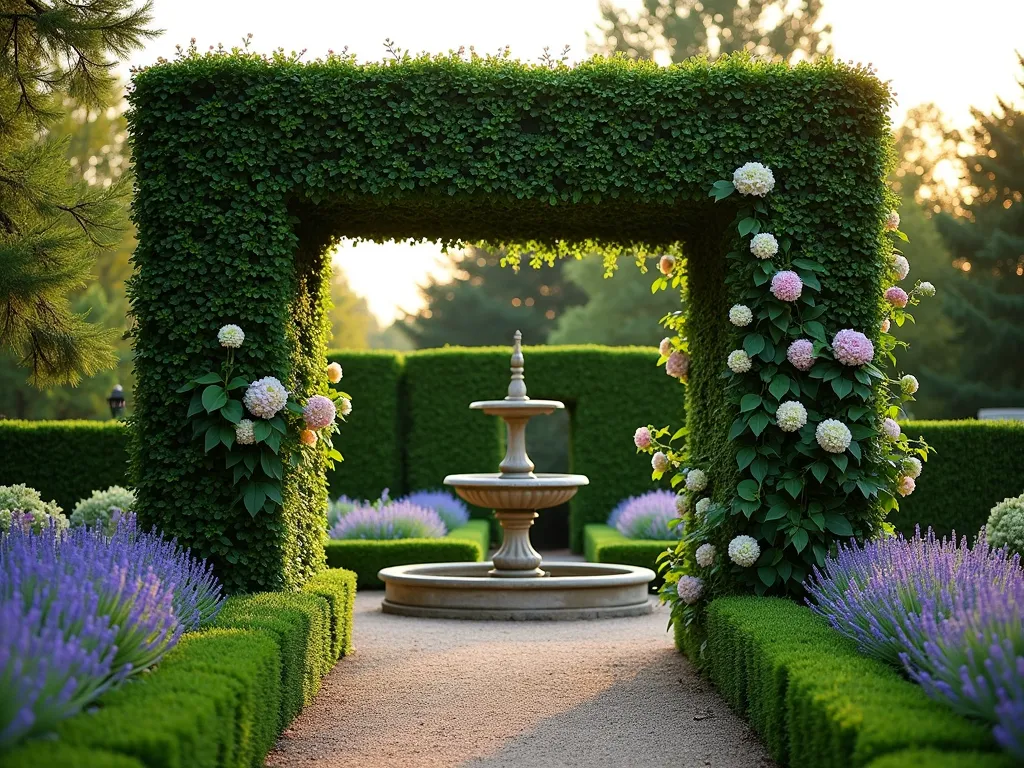 Elegant Topiary Frame Garden Vista - A professionally photographed garden scene at golden hour featuring an artistically pruned boxwood hedge forming a living picture frame, meticulously shaped into a perfect rectangular arch. The frame dramatically highlights a serene garden focal point with blooming hydrangeas and a vintage stone fountain. Shot with a wide-angle lens capturing the depth of the garden, with soft evening light filtering through the frame, creating gentle shadows and highlighting the precise geometric lines of the topiary. The boxwood frame is perfectly manicured with crisp edges, standing approximately 7 feet tall, while delicate climbing roses adorn its corners. The natural framing draws the eye through the garden, with the foreground featuring neatly trimmed lavender borders and the background showcasing a mix of evergreen shrubs creating layers of texture. DSLR settings: f/8, ISO 100, 1/125s, capturing the rich green tones and intricate details of the topiary craftsmanship.