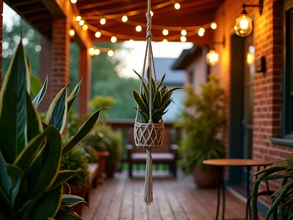 Bohemian Macramé Snake Plant Display at Dusk - A wide-angle shot at dusk of a cozy covered porch corner illuminated by warm string lights, featuring elegant snake plants suspended in intricate handwoven macramé hangers at different heights. The plants include both classic dark green Sansevieria trifasciata and variegated Sansevieria laurentii, their architectural leaves creating dramatic shadows on the natural wood deck. The macramé hangers, crafted from cream-colored cotton rope with detailed diamond patterns, sway gently against a backdrop of exposed brick. Soft ambient lighting highlights the textural contrast between the smooth plant leaves and the woven macramé. Shot with a digital camera, 16-35mm lens at f/2.8, ISO 400, capturing the golden hour glow filtering through the plants.