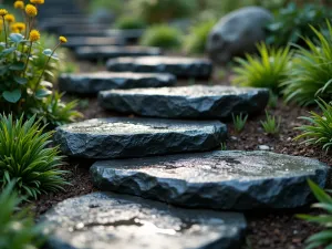 Ancient Slate Steps - Close-up of hand-carved slate garden steps with rich textural detail, rain-kissed surface, surrounded by small alpine plants, dramatic lighting