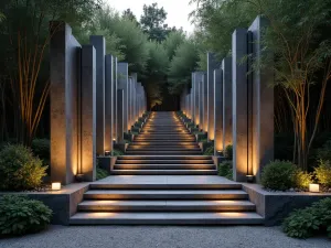 Basalt Column Steps - Modern arrangement of vertical basalt columns forming natural steps, surrounded by bamboo, dramatic evening lighting, architectural perspective