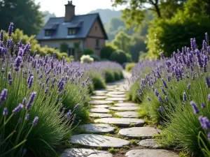 Bluestone Cottage Steps - Charming irregular bluestone steps leading to a cottage garden, lavender borders, morning dew, wide angle view with cottage in background