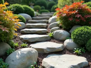 Boulder Garden Steps - Natural boulder steps integrated into a hillside, surrounded by Japanese maples and dwarf conifers, close-up detail of stone texture