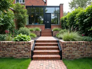 Reclaimed Brick and Steel Steps - Wide shot of garden steps using reclaimed brick combined with black steel frames, creating an industrial-meets-traditional aesthetic