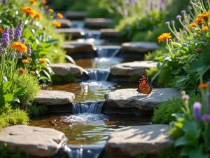 Butterfly Haven Steps - Natural stone steps bordered by butterfly-attracting plants and flowers, with water features integrated between levels. Shot from multiple angles showing butterfly activity