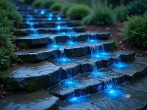 Cascading Light Steps - Close-up of curved stone steps with cascading waterfall-style lighting effects, small blue LED lights embedded in risers creating a magical evening atmosphere, moss growing between stones