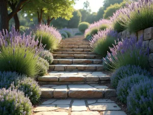 Cascading Stone Garden Steps - Photorealistic wide-angle view of natural stone steps cascading down a gentle slope, bordered by blooming lavender and creeping thyme, with soft morning light casting gentle shadows