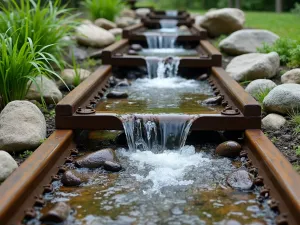 Cascading Water Feature Steps - Close-up of railroad tie steps integrated with a modern water feature, creating small waterfalls between each step, surrounded by river rocks