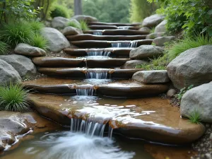 Cascading Water Steps - Stone steps integrated with a water feature, creating small cascading waterfalls between each level. Close-up showing the interplay of water and stone.