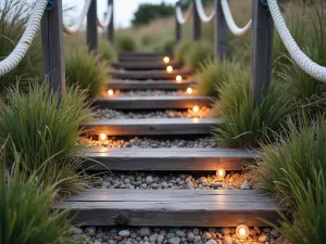 Coastal Contemporary Steps - Close-up of weathered railroad tie steps with beach grass and coastal plants, featuring rope railings and maritime-inspired lighting