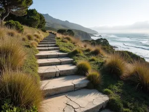 Coastal Curved Sandstone Steps - Weather-worn sandstone steps curving along a coastal garden, with native grasses and coastal plants. Wide shot capturing the ocean view beyond.