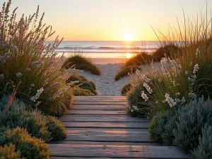 Coastal Deck Steps - Wide weathered wooden steps leading to beach garden, decorated with coastal grasses and white flowering plants, shot at sunset