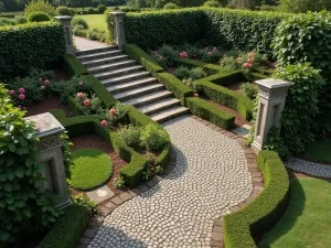 Cobblestone Heritage Steps - Ancient weathered cobblestone steps with established ivy and climbing roses, aerial view showing winding path through formal garden