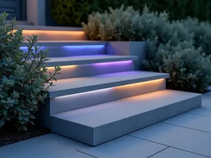 Color-Changing Symphony - Close-up of modern concrete steps with smart LED lighting system displaying subtle color changes, surrounded by silver-leaved plants reflecting the changing lights