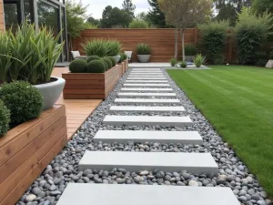 Composite and Pebble Steps - Modern stepped pathway combining composite decking with river pebble inserts, flanked by contemporary container gardens