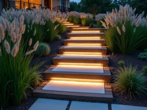 Contemporary Railroad Tie Steps - Modern garden steps made from weathered railroad ties, alternating with light concrete inserts, surrounded by ornamental grasses and LED strip lighting, photographed at dusk